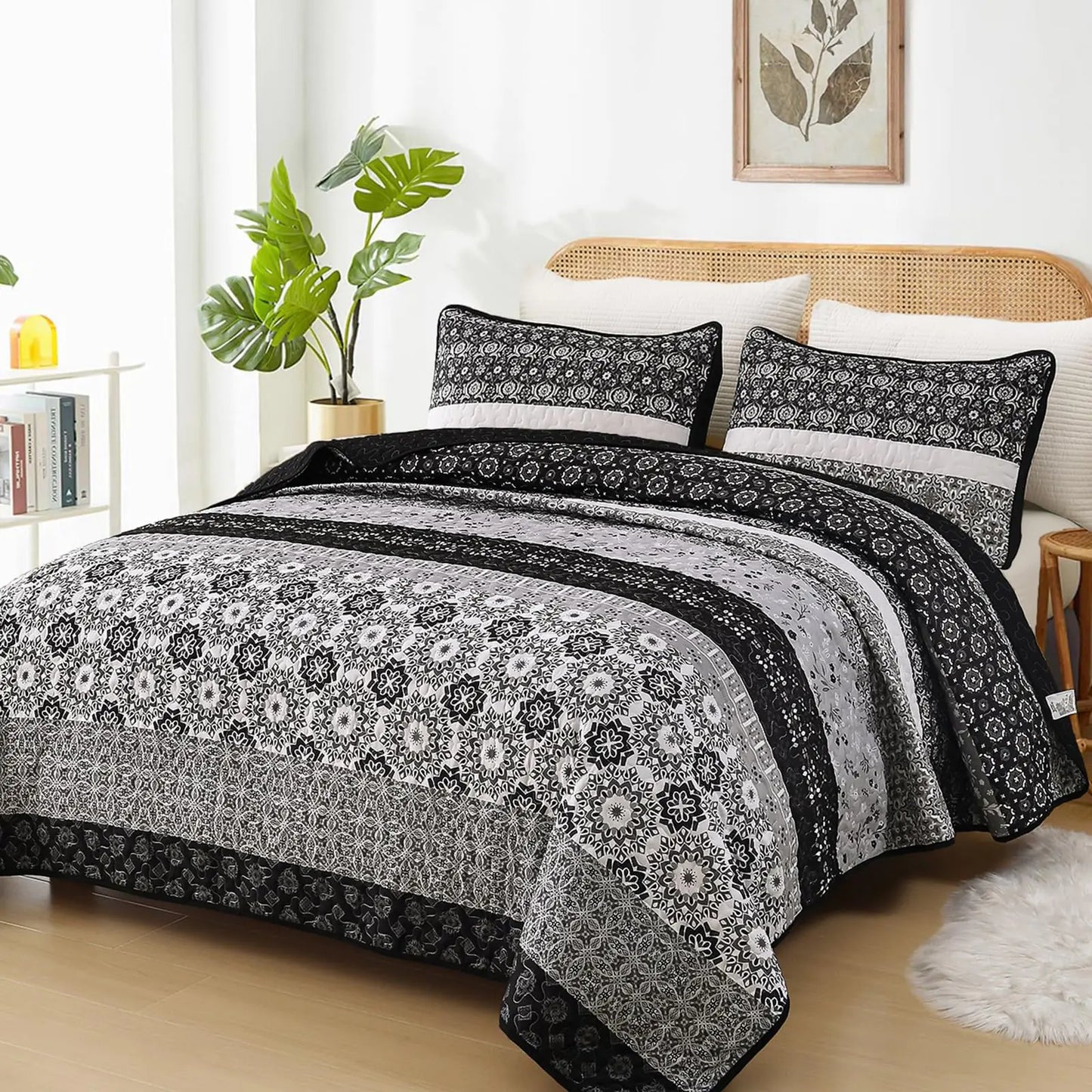 WONGS BEDDING Boho Quilt Set Queen SizeBlack Bohemian Striped Patchwork Bedspread Set3 Pieces Microfiber Bedding Set for All Seasons (96"x90")