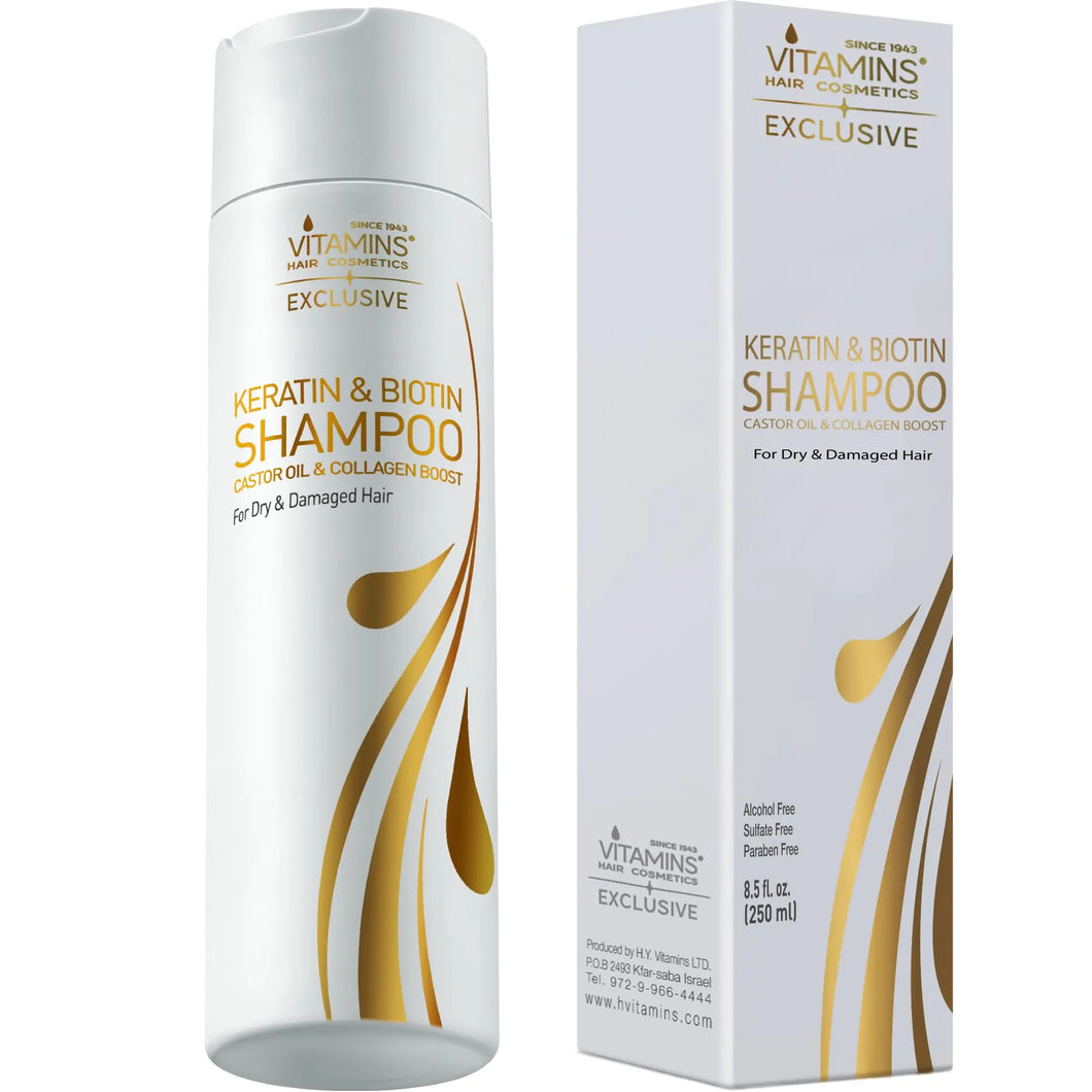 Vitamins Keratin Shampoo Hair Treatment - Biotin and Collagen Protein with Castor Oil for Curly Wavy and Straight Locks - Sulfate Free Product for Dry Damaged or Color Treated Hair
